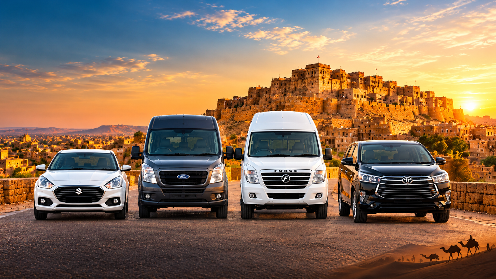 Vehicles ready for a sunset journey by Jaisalmer Fort