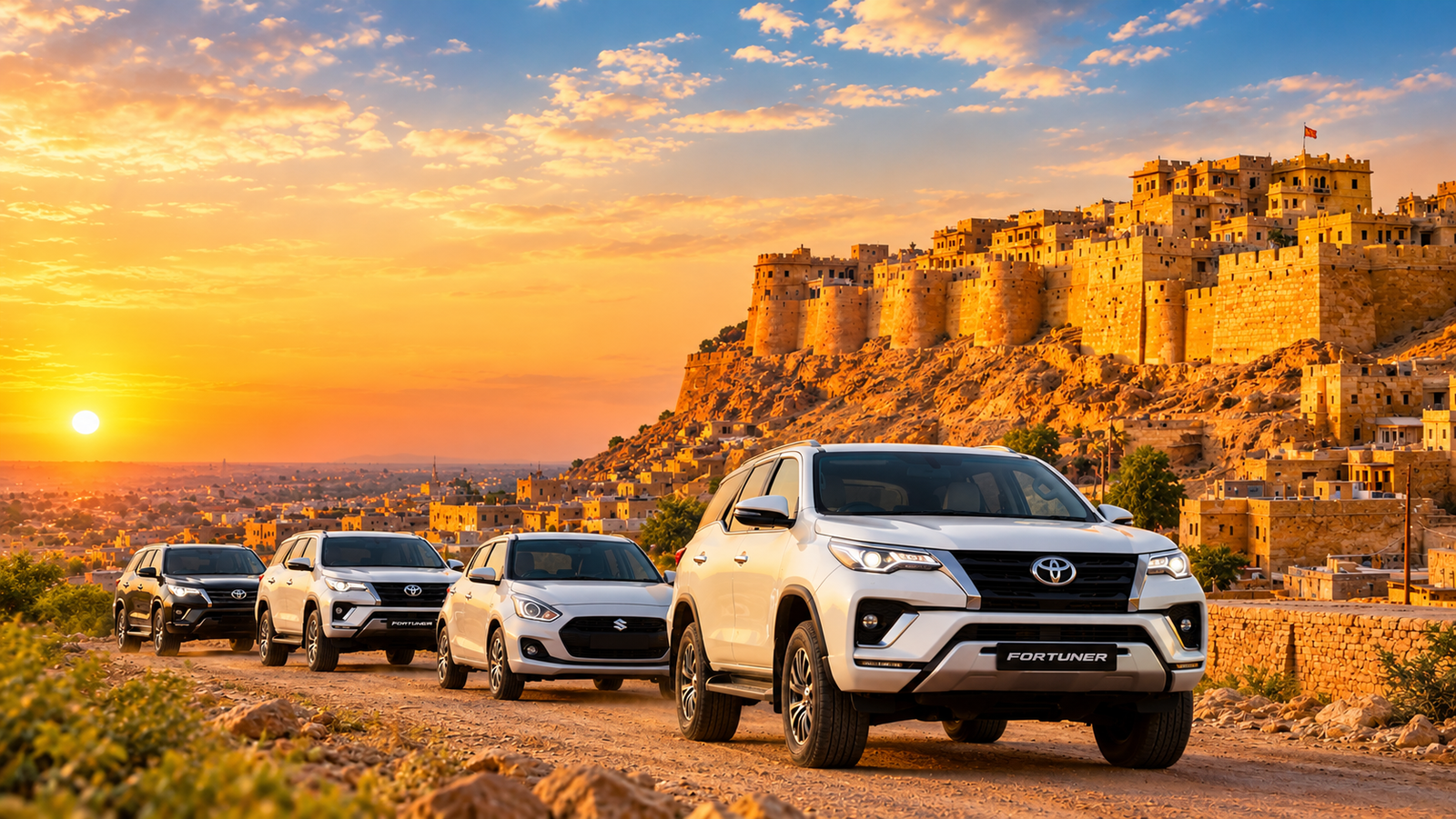 SUV convoy at sunset beneath Jaisalmer Fort